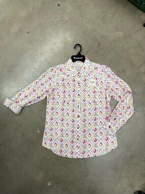 Ariat White Button-Up Shirt with Pink, Yellow & Light Blue Diamond Print